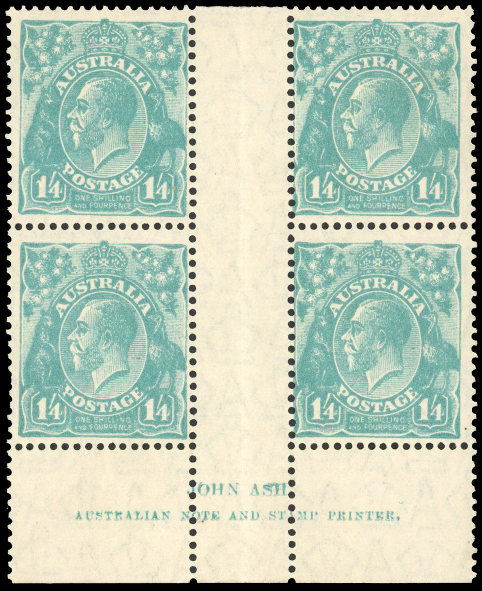 Australia SG 104 KGV Head 1926-30 1s4d turquoise Ash imprint block mint
