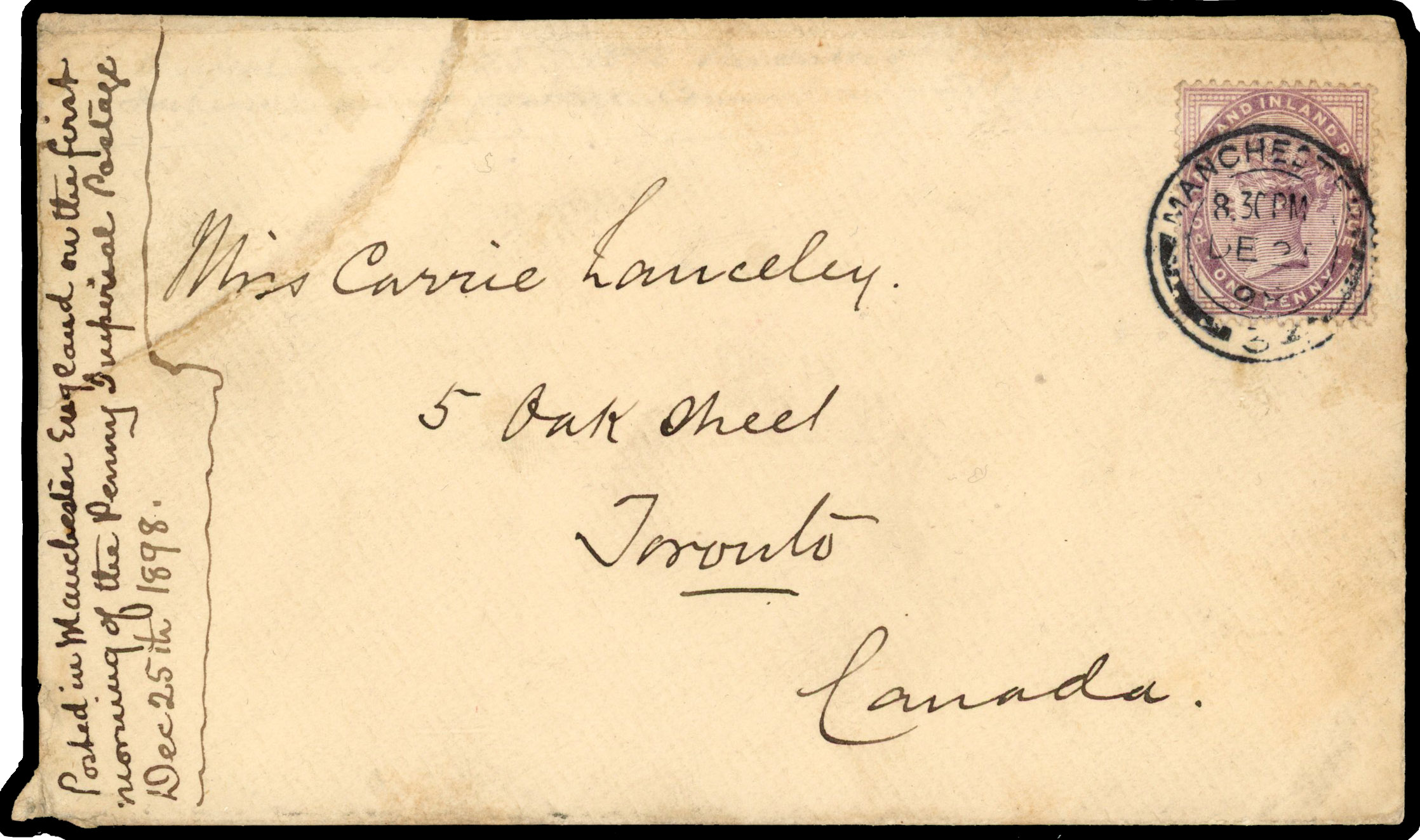 1898 Imperial Penny Post. First day of the imperial penny post to Toronto