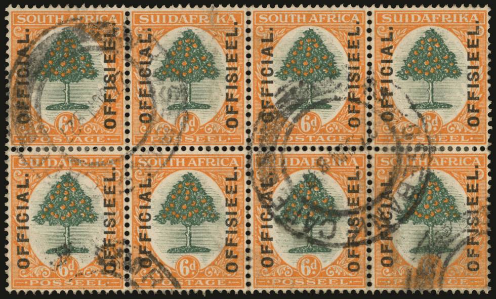 SOUTH AFRICA SG O4 1926 6d green and orange, SG type O1 opt on Pretoria ptg, B8 used Rosebank cds