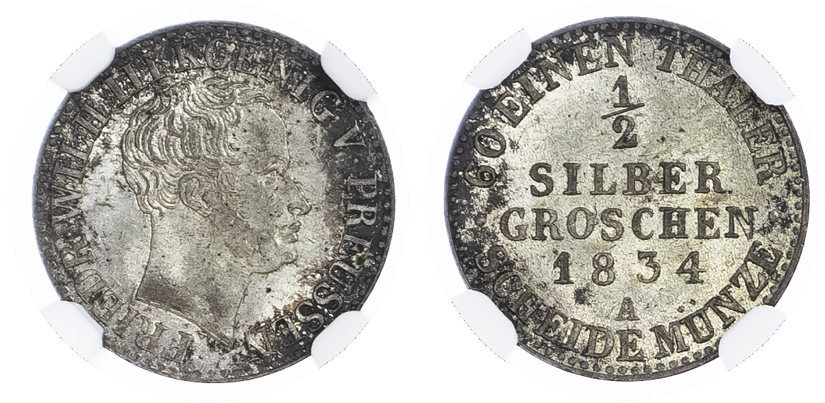 Germany, States, Prussia. Frederick William III AR 1/2 Silber Groschen. 1834A. 