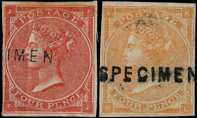 1862 4d Colour trials Pl.3 without hairlines. Two trials overprinted SPECIMEN