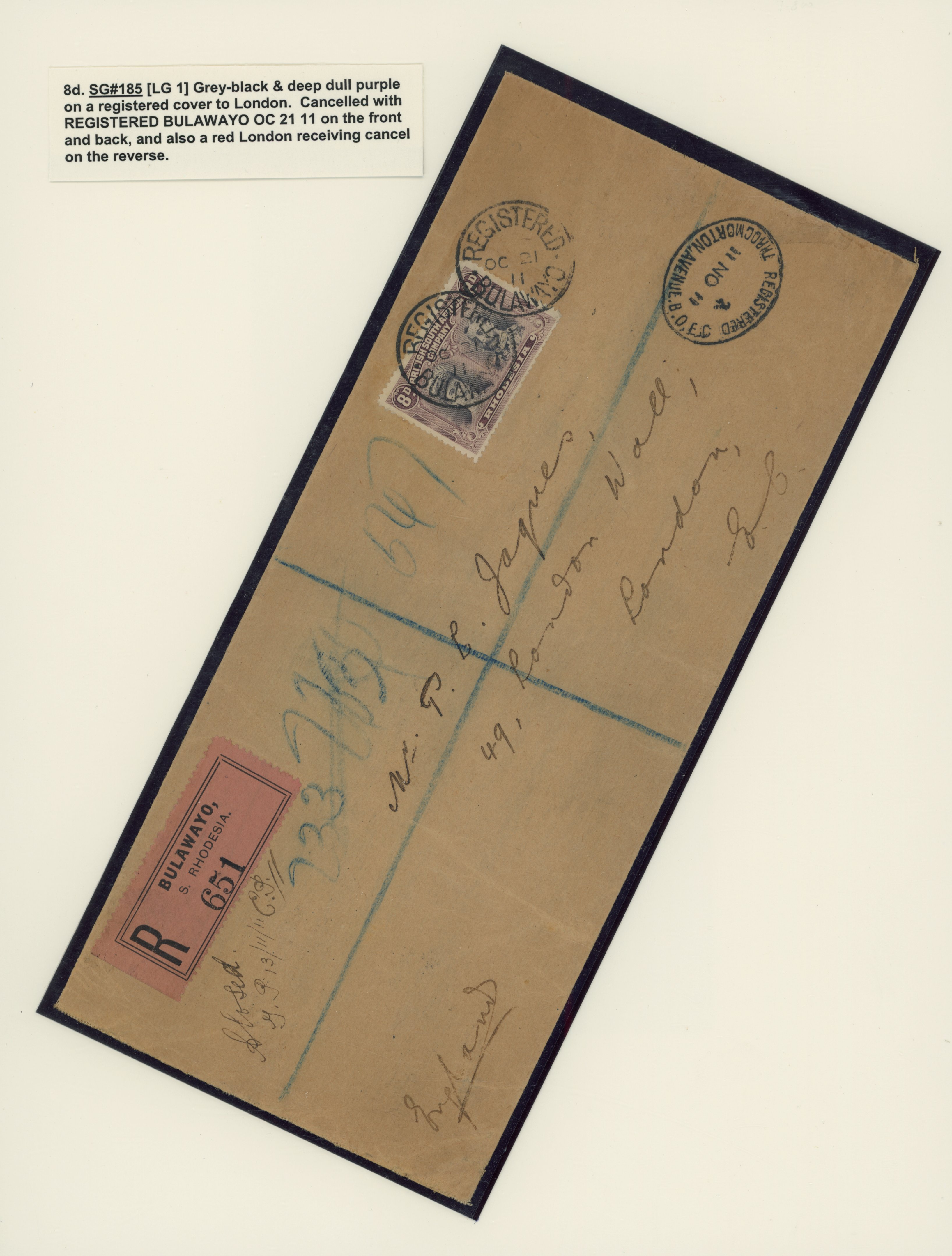 8d SG 185 on registered cover to London