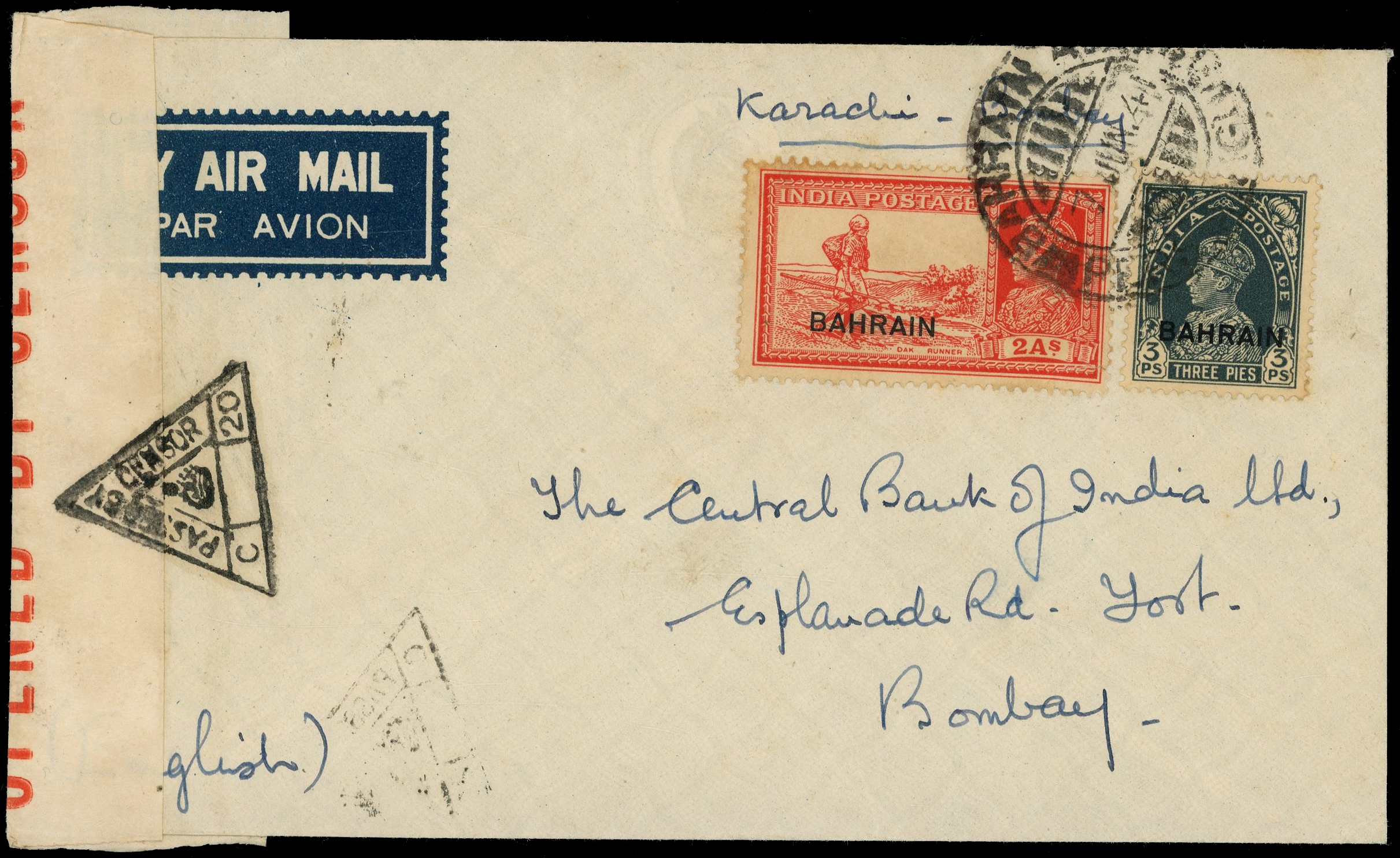 BAHRAIN: 1941 cover to Bombay 2a and 3p tied  "BAHRAIN/PERSIAN GULF/7 JUN 41" censor label at left and Bombay arrival 