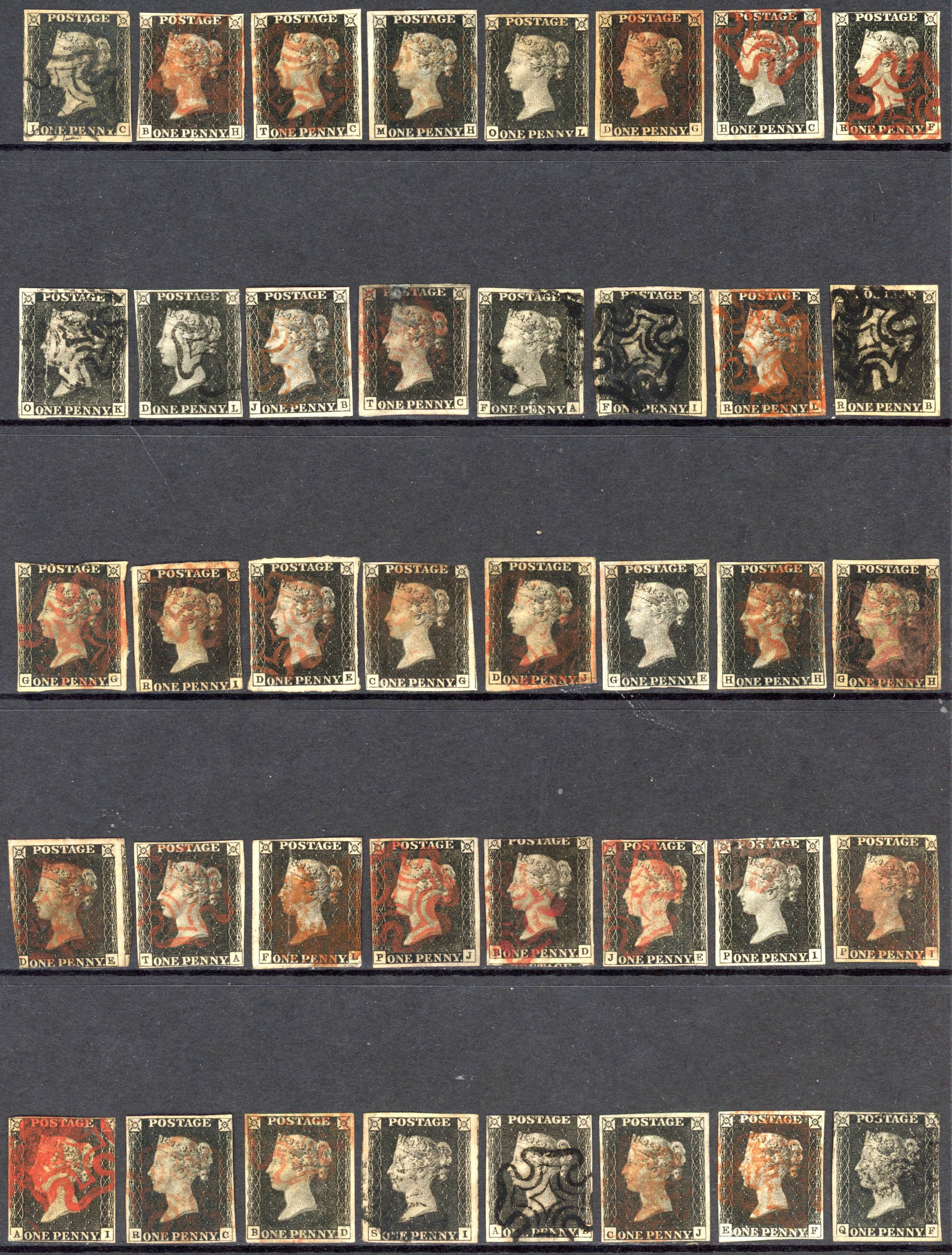 1840 1d black, unplated selection, arranged on a stockcard with no to four margins, cancelled