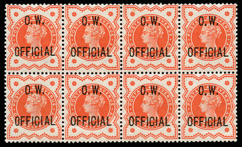 Great Britain 1896 ½d Vermilion (O.W. Official). Very fine unmounted o.g. example horizontal block of eight from p…