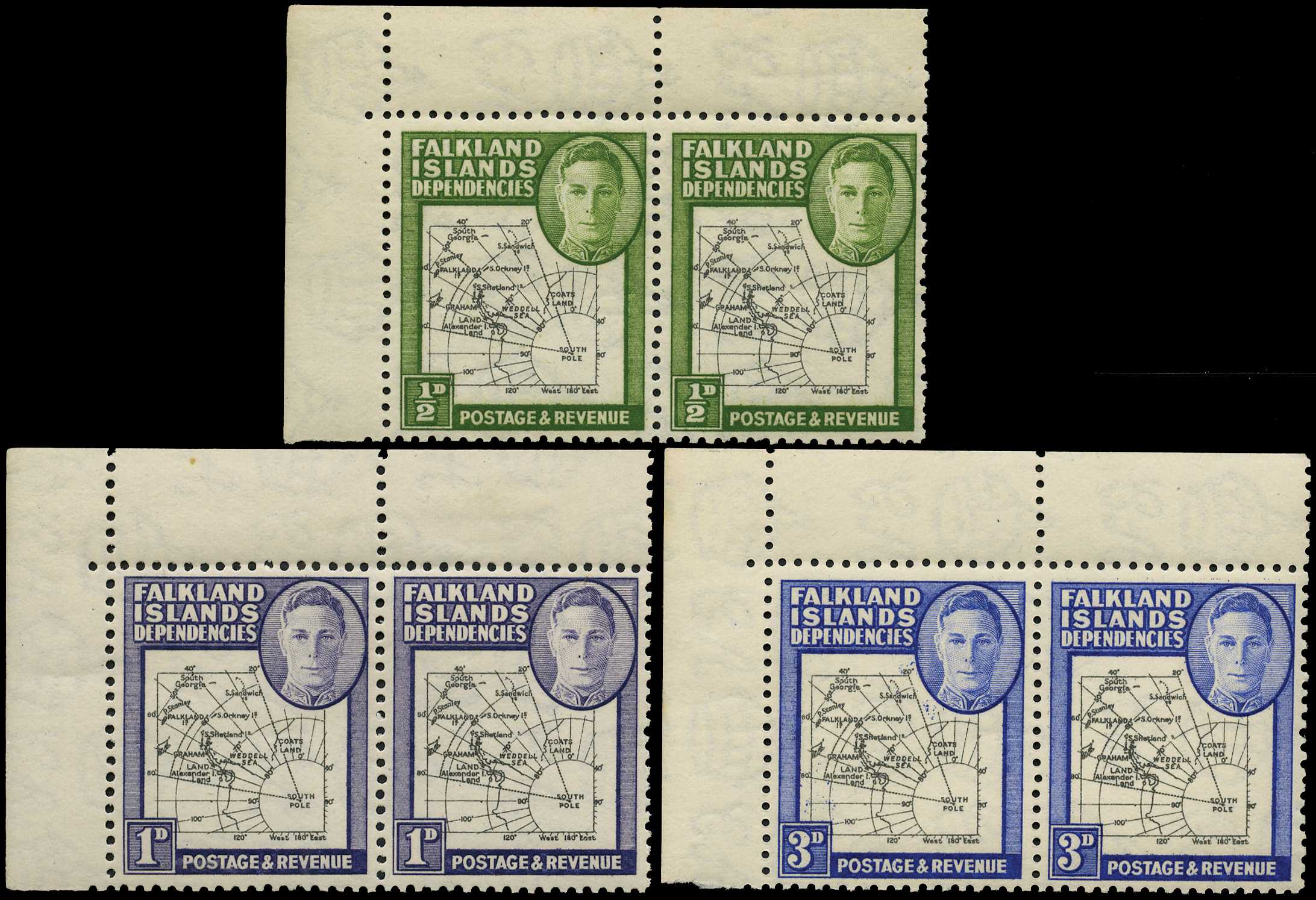 1946 Thick Map ½d, 1d and 3d top left...