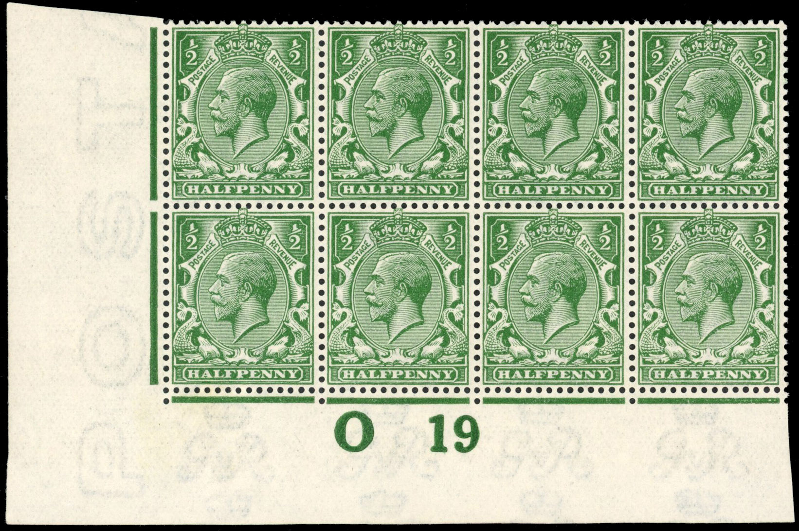 GB 1912–24 Royal Cypher ½d blue-green, mint unmounted o.g. control O19 block