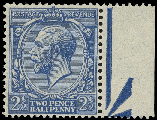 1924-26 2½d blue, right hand marginal variety NO WATERMARK