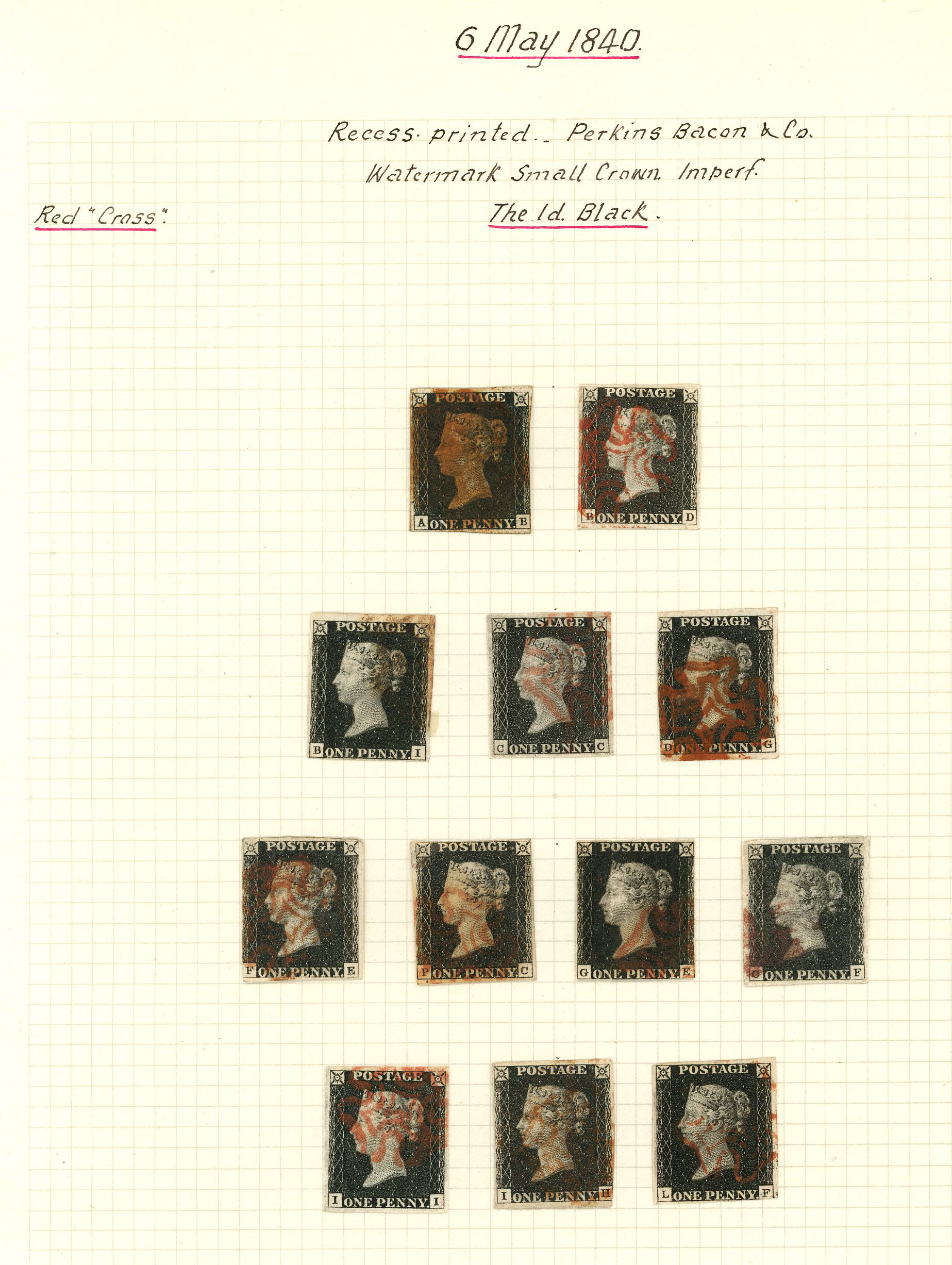 1840 1d black, unplated range of...