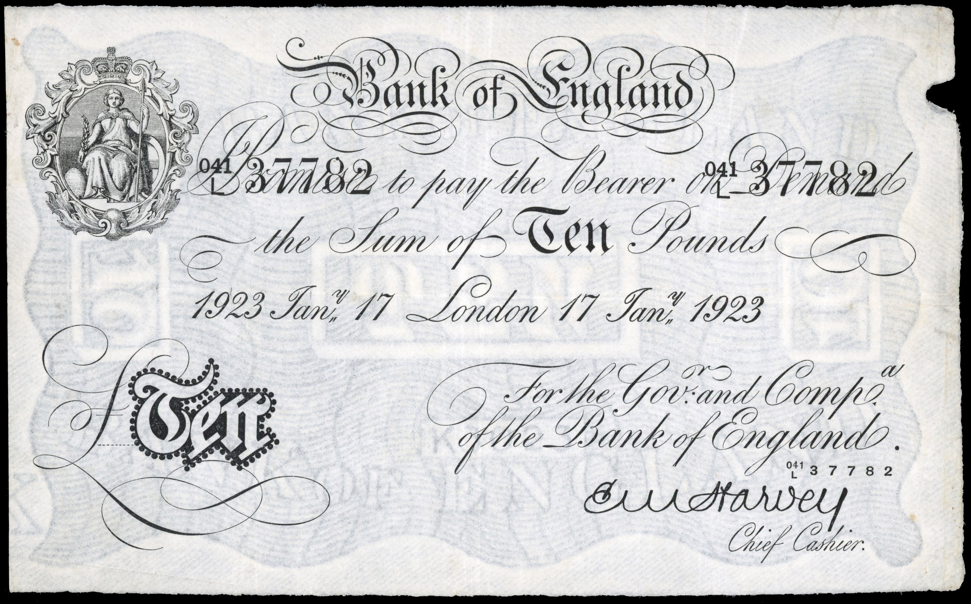 Bank of England, E M Harvey, White Ten Pounds, London, 17 June 1923, O41/L 37782 (Dugg. B209b). Faint traces o…