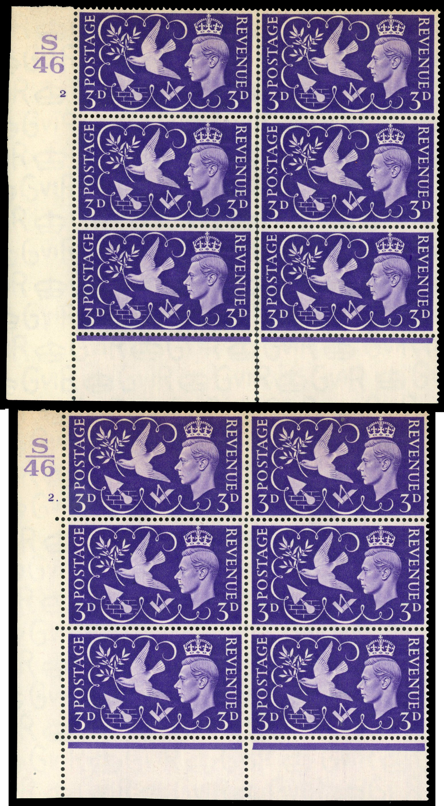 GB SG 492 1946 3d Victory rare Cylinder blocks mint