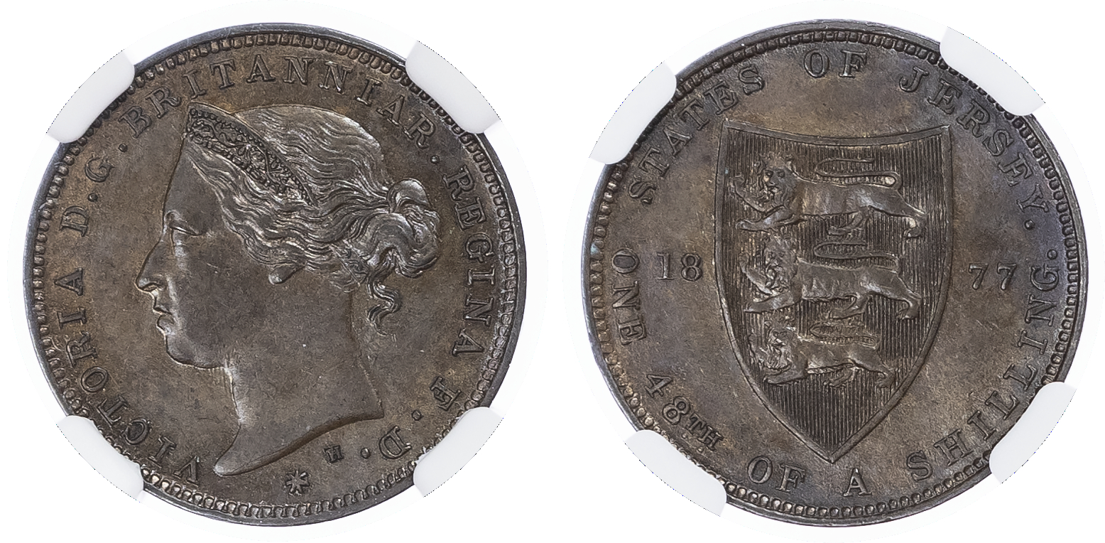 Jersey, British Dependency. Victoria CU 1/48th Shilling. 1877H. 