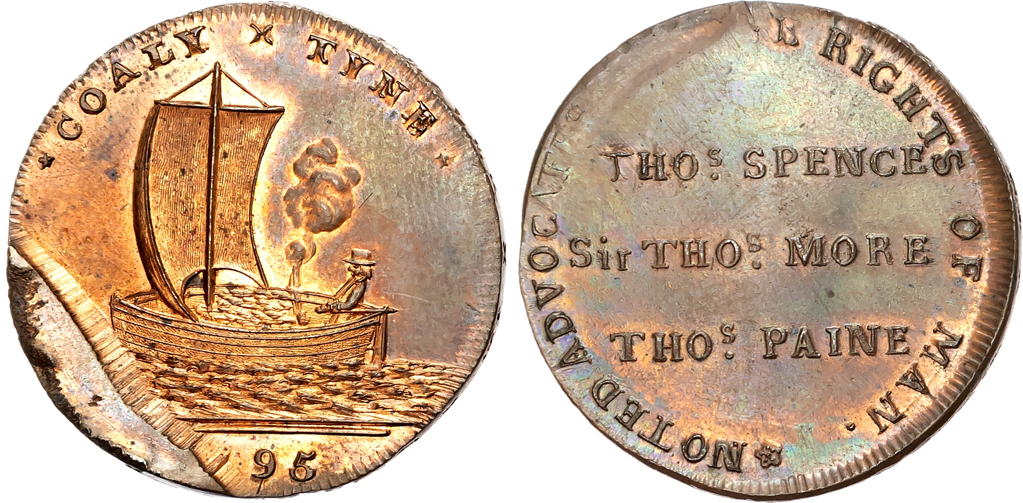 Northumb . Newcastle-upon-Tyne , Thomas Spence Halfpenny 1795, Manned coal-barge sailing left, rev. THOS. SPENCE Sir THO …