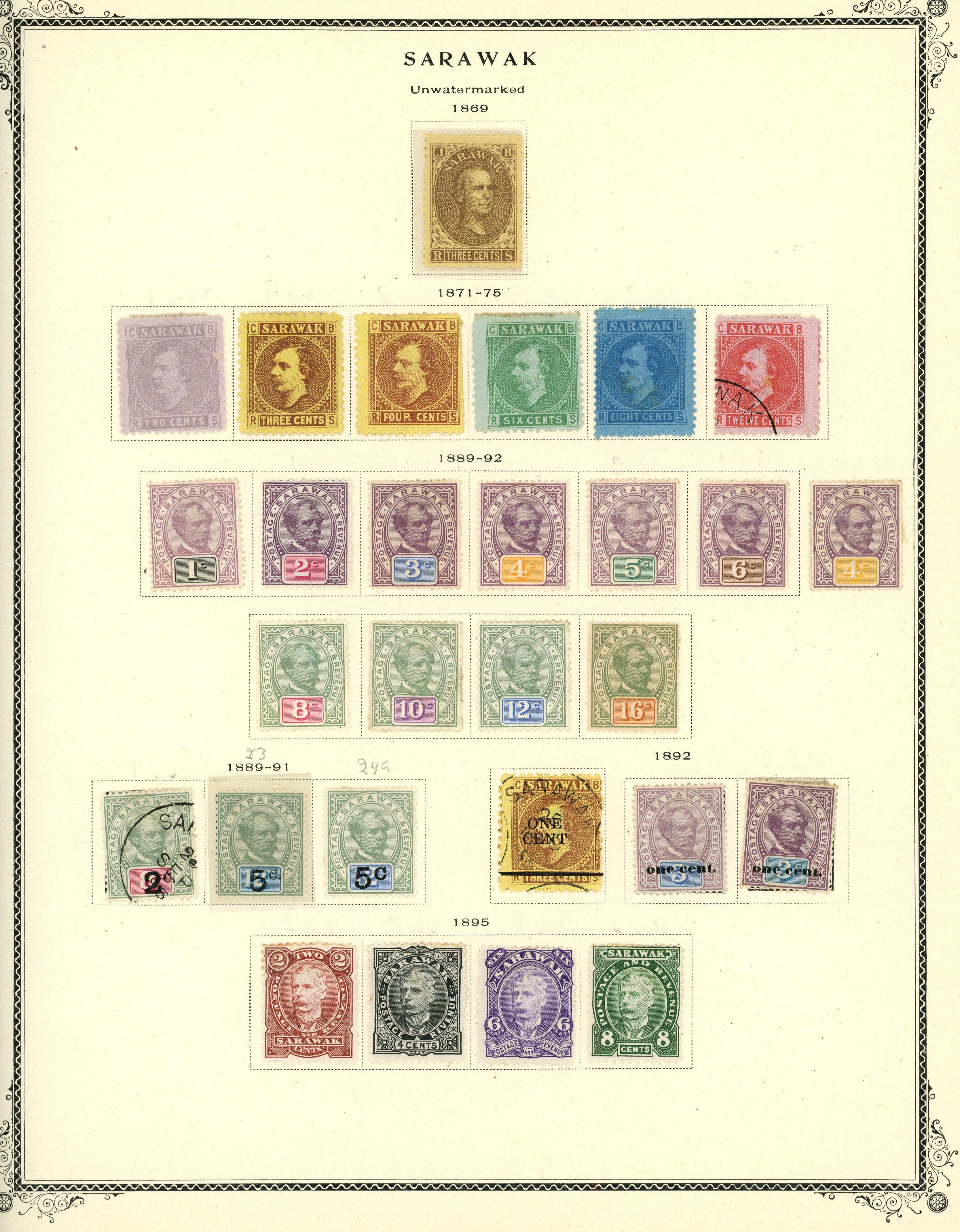 SARAWAK: 1869 to 1955 mainly mint on album leaves including 1888 to $1, 1895 to 8c, 1899 to $1