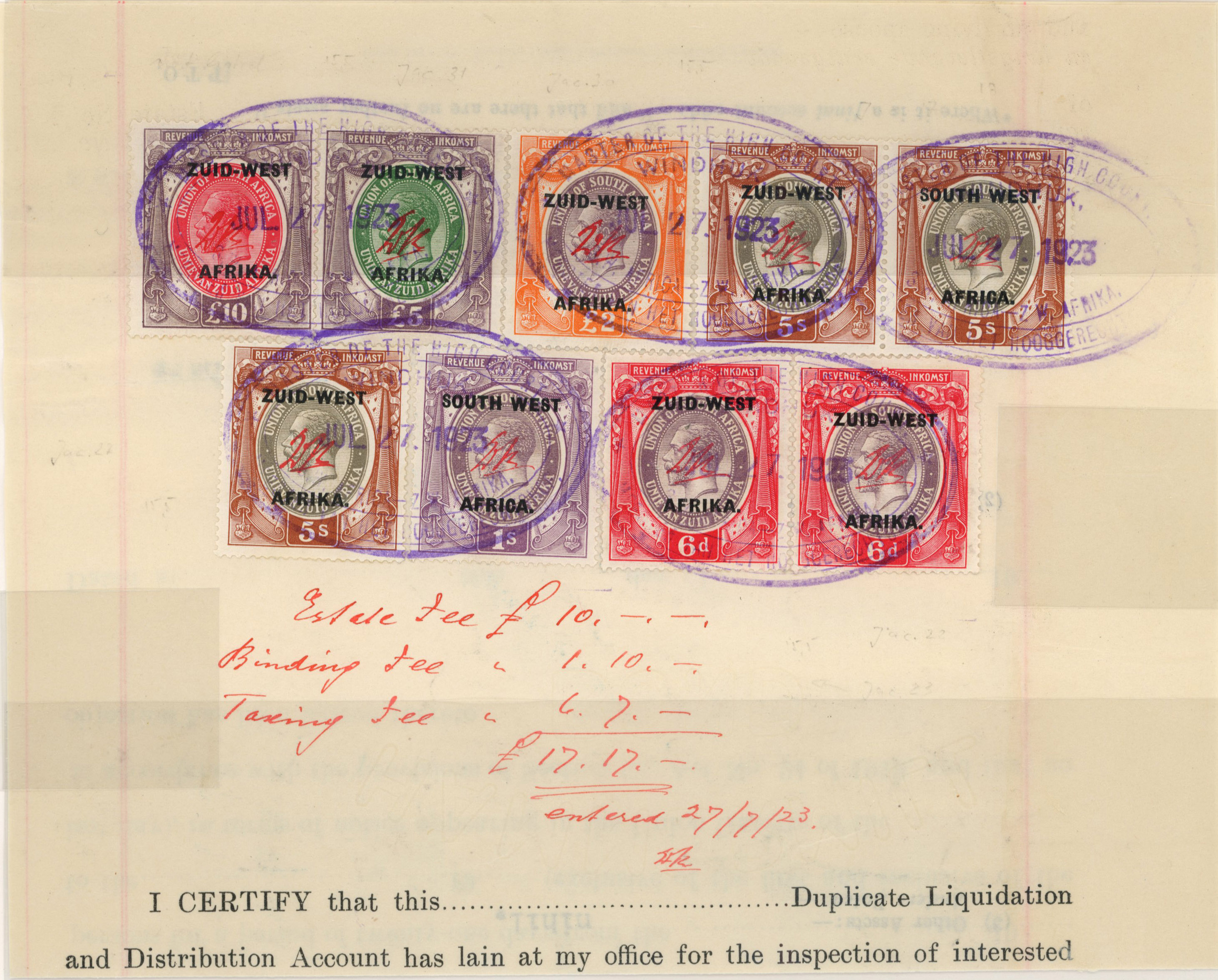 South West Africa Revenues. First overprint collection