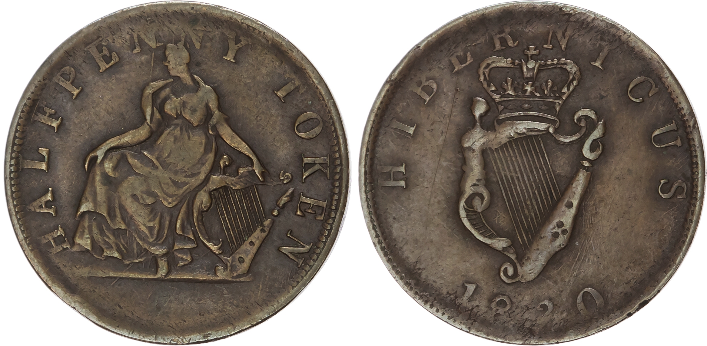 IRISH, NON LOCAL General Circulation Halfpenny 1830, Crowned Irish harp, rev. Hibernia seated left, edge plain…