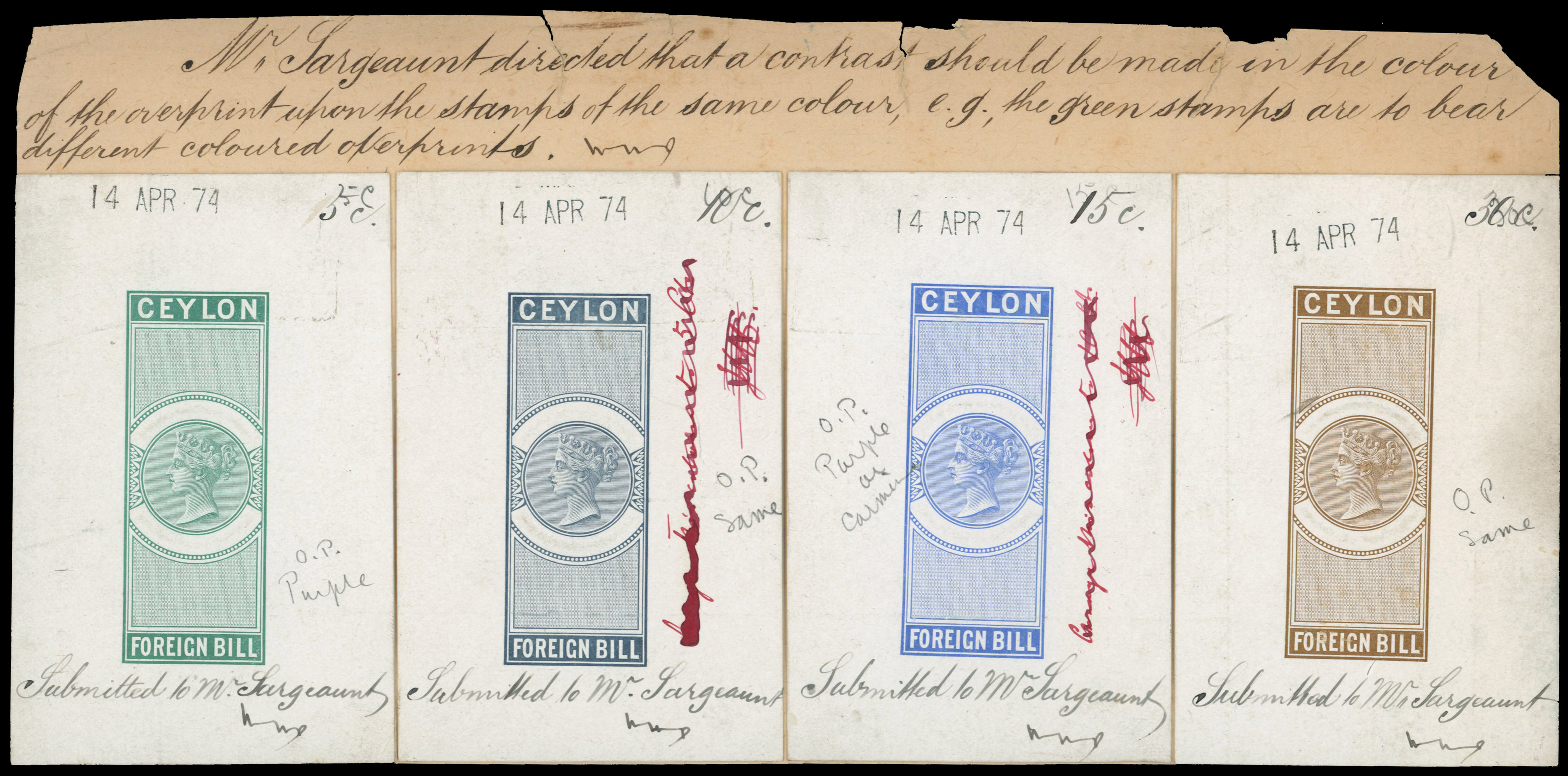 Ceylon Foreign Bill Revenue master Die Proofs SET OF ELEVEN ex DLR archives