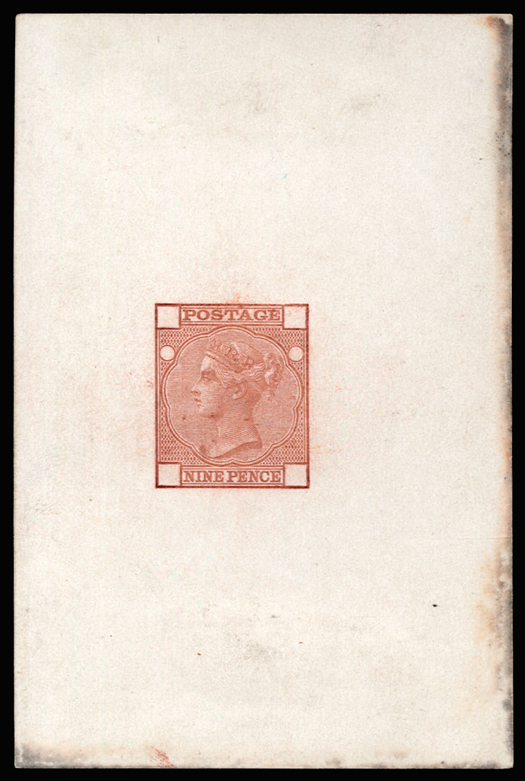 Great Britain 1873 9d Die proof. Very fine example printed in brown on white glazed card without corner letters or…