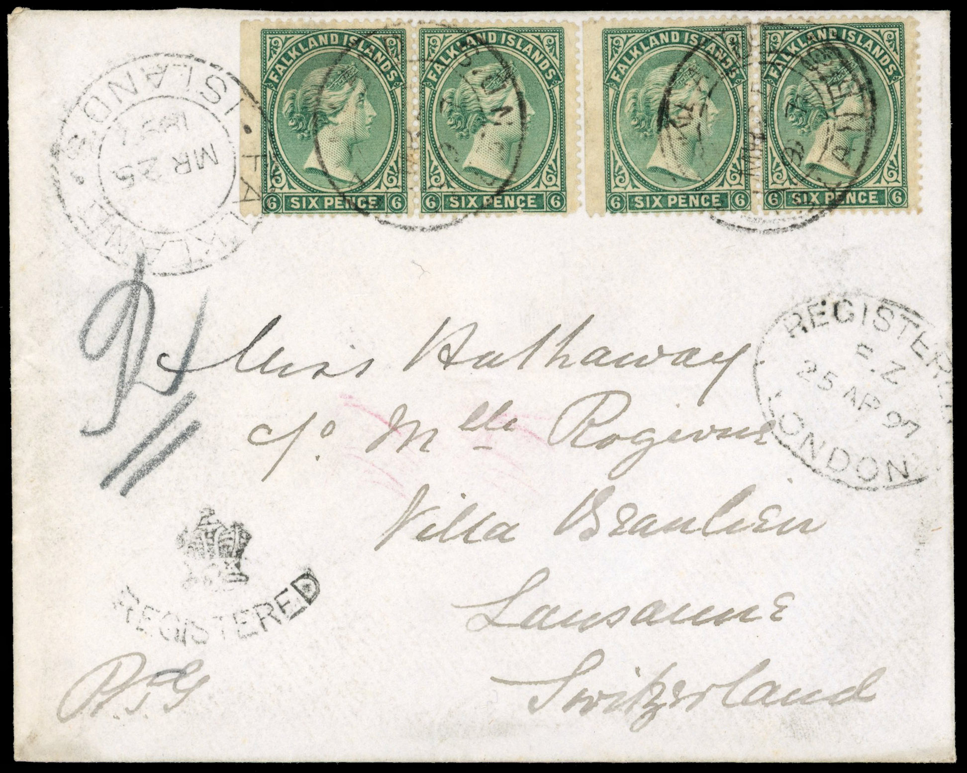 Falkland Is SG 3 registered cover to Switzerland