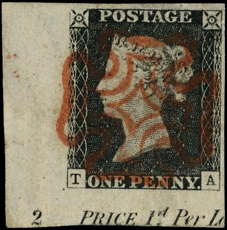 1840 1d Black Pl.2. Used bottom left hand corner marginal example lettered TA