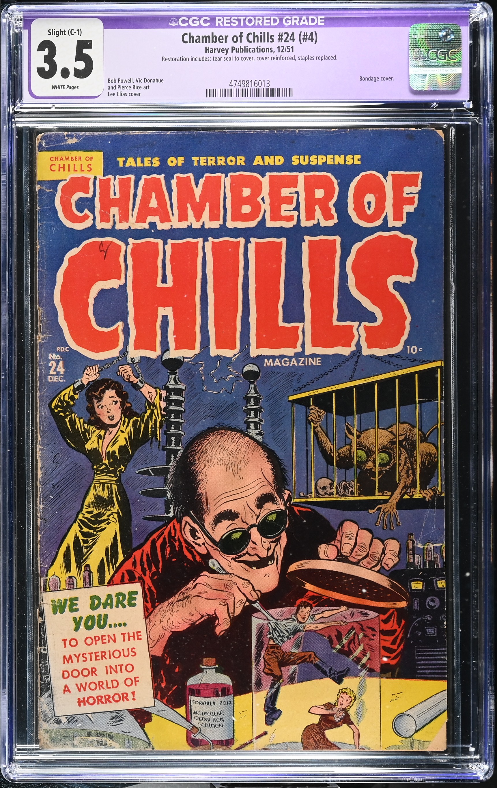Chamber of Chills Magazine #24 (#4) CGC 3.5 Restored Bondage Cover by Lee Elias (Harvey Publications, 1951) White Pages