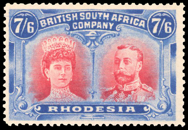 Rhodesia 1910-13 7s6d rose-red and bright chalky blue perf 14