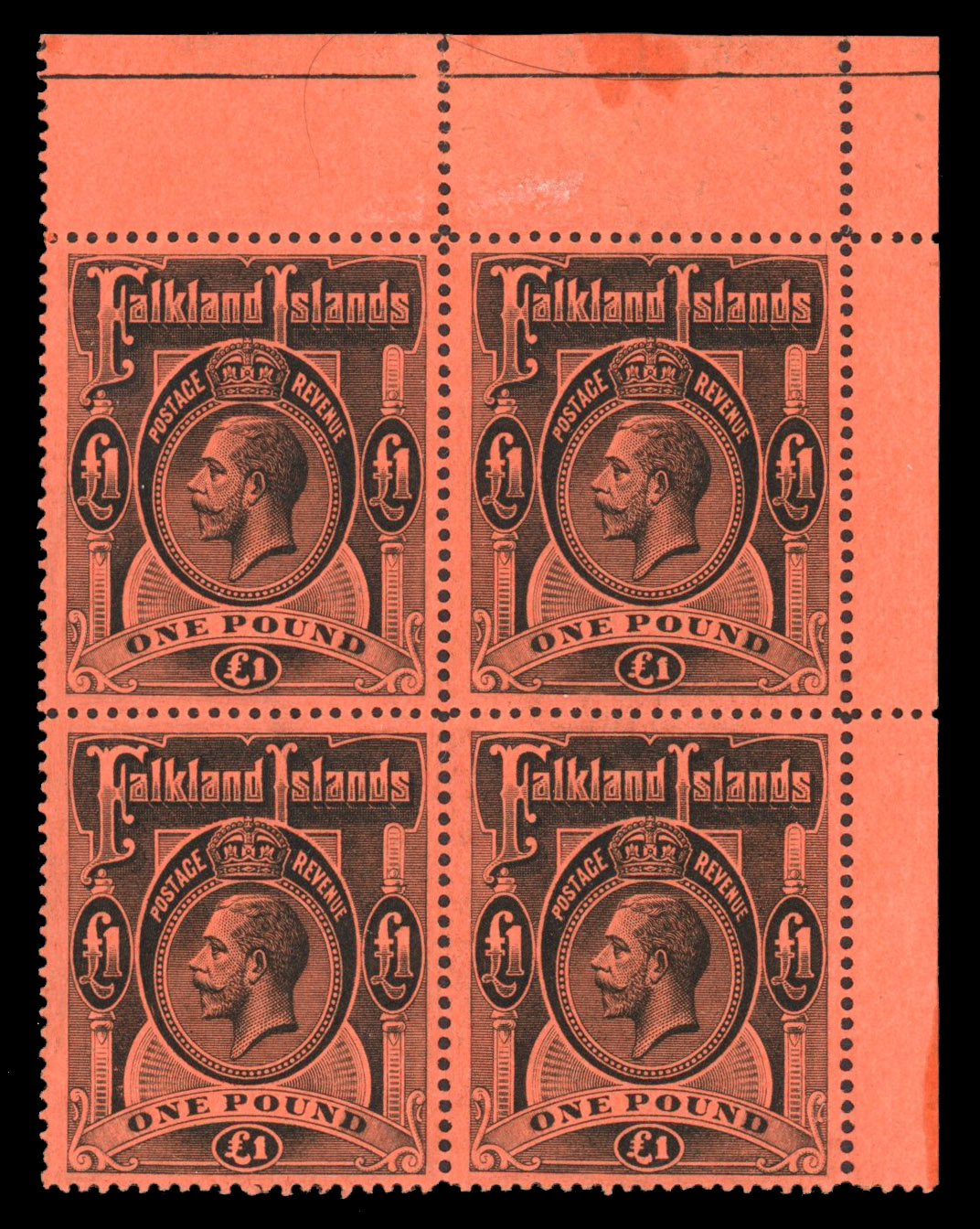 SG 69 1914 £1 corner block mint