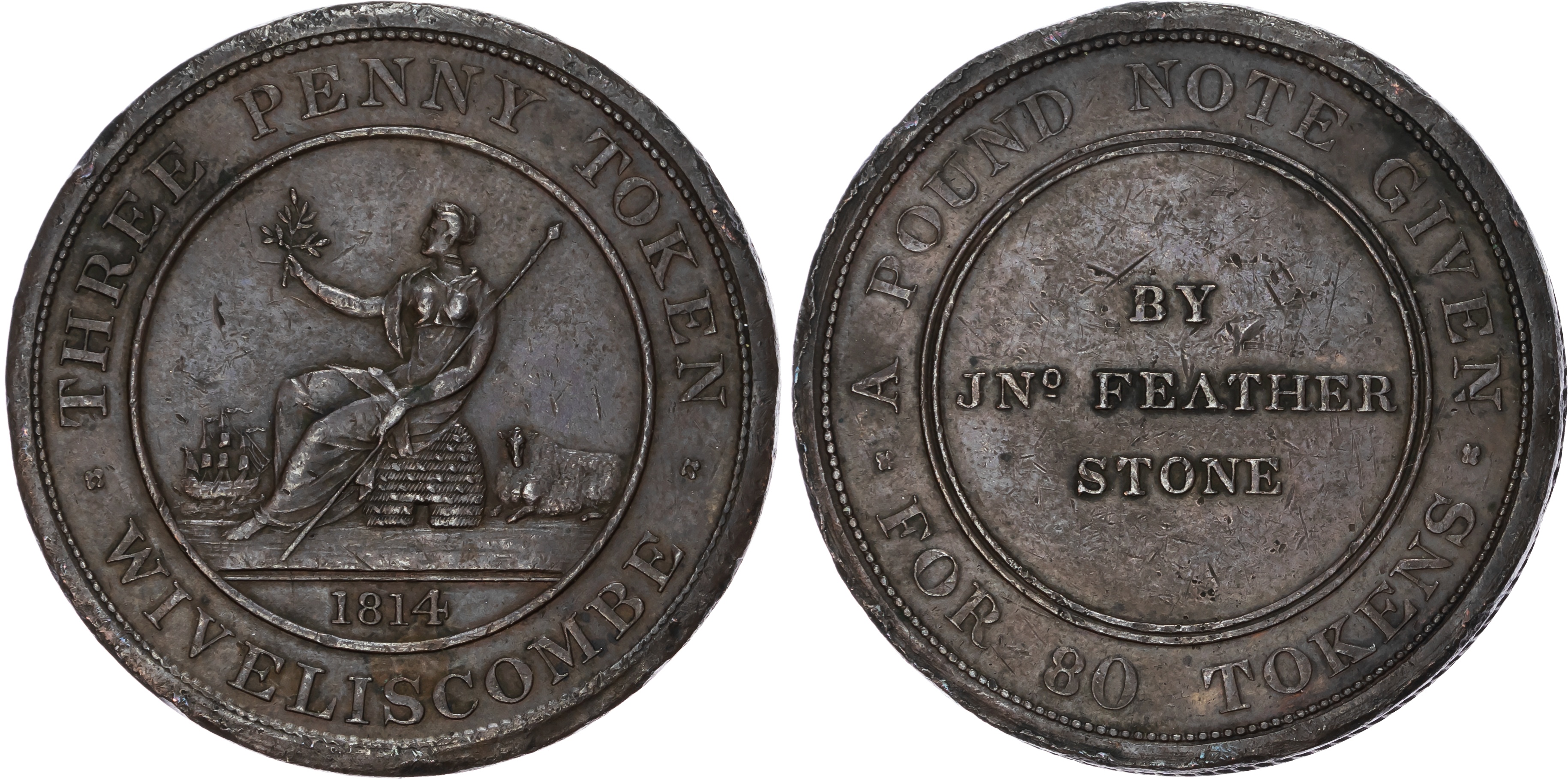 Som. Wiveliscombe , John Featherstone, Threepence, 1814, 3-line legend, rev. Commerce seated left, edge…