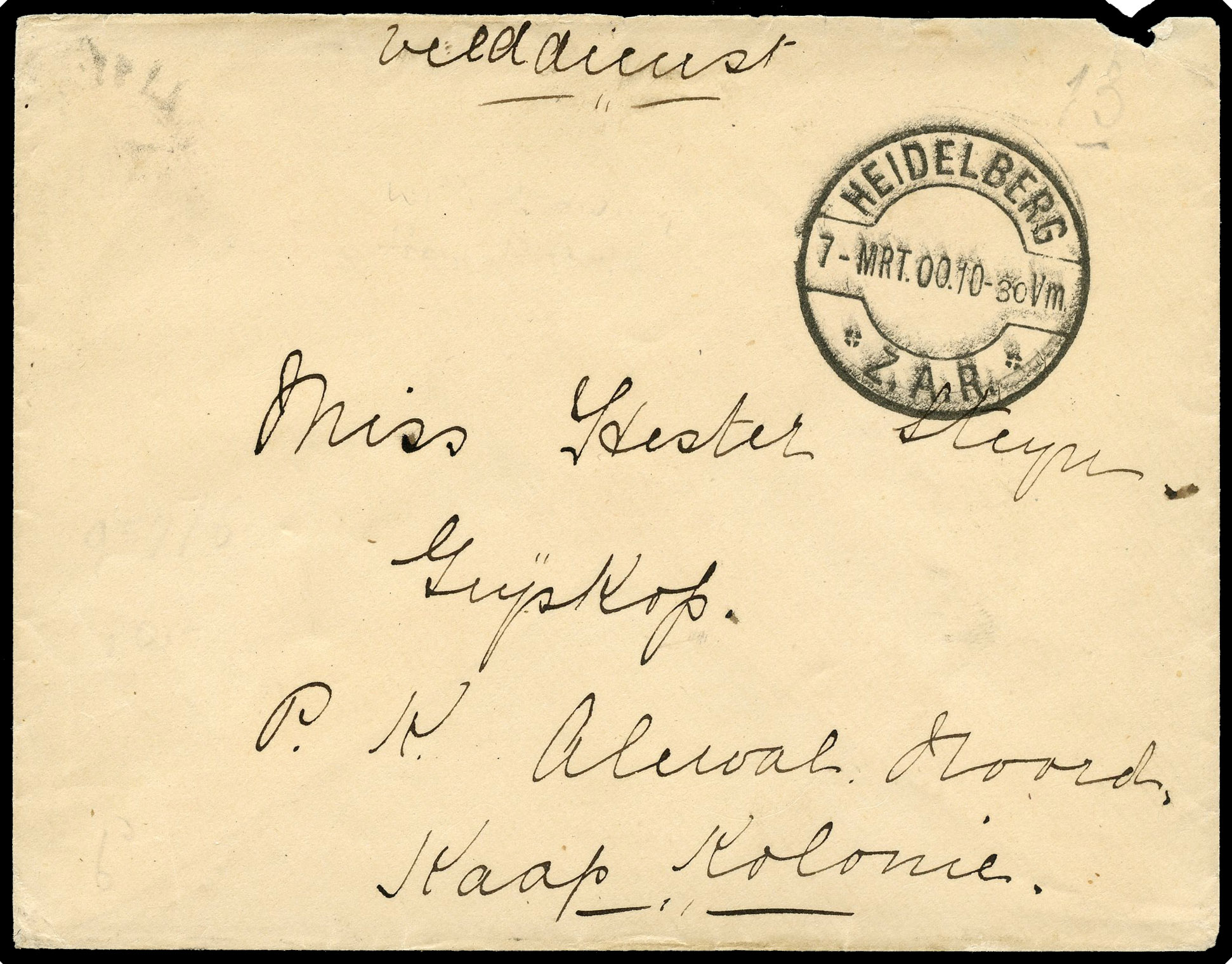 Transvaal Boer War stampess cover endorsed 'Velddienst' 