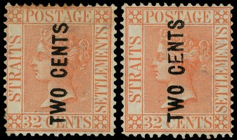 1883 2c on 32c, surcharged Types 20a and f.  The 20a surcharge with o.g., discoloured at top, the 20f unused without gum. ...