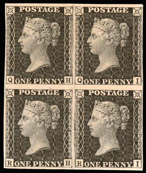 Great Britain 1872 1d Black South Kensington Exhibition Proof Pl.27. Superb unused imperforate block of four lette…