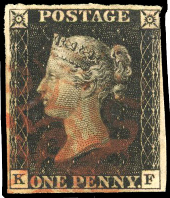 GB: 1840 1d black, Plate 6, (KF) four margins, close top right, red MC SG 2