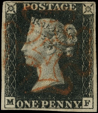1840 1d black plate 7, (MF),four margins, cancelled with crisp red...