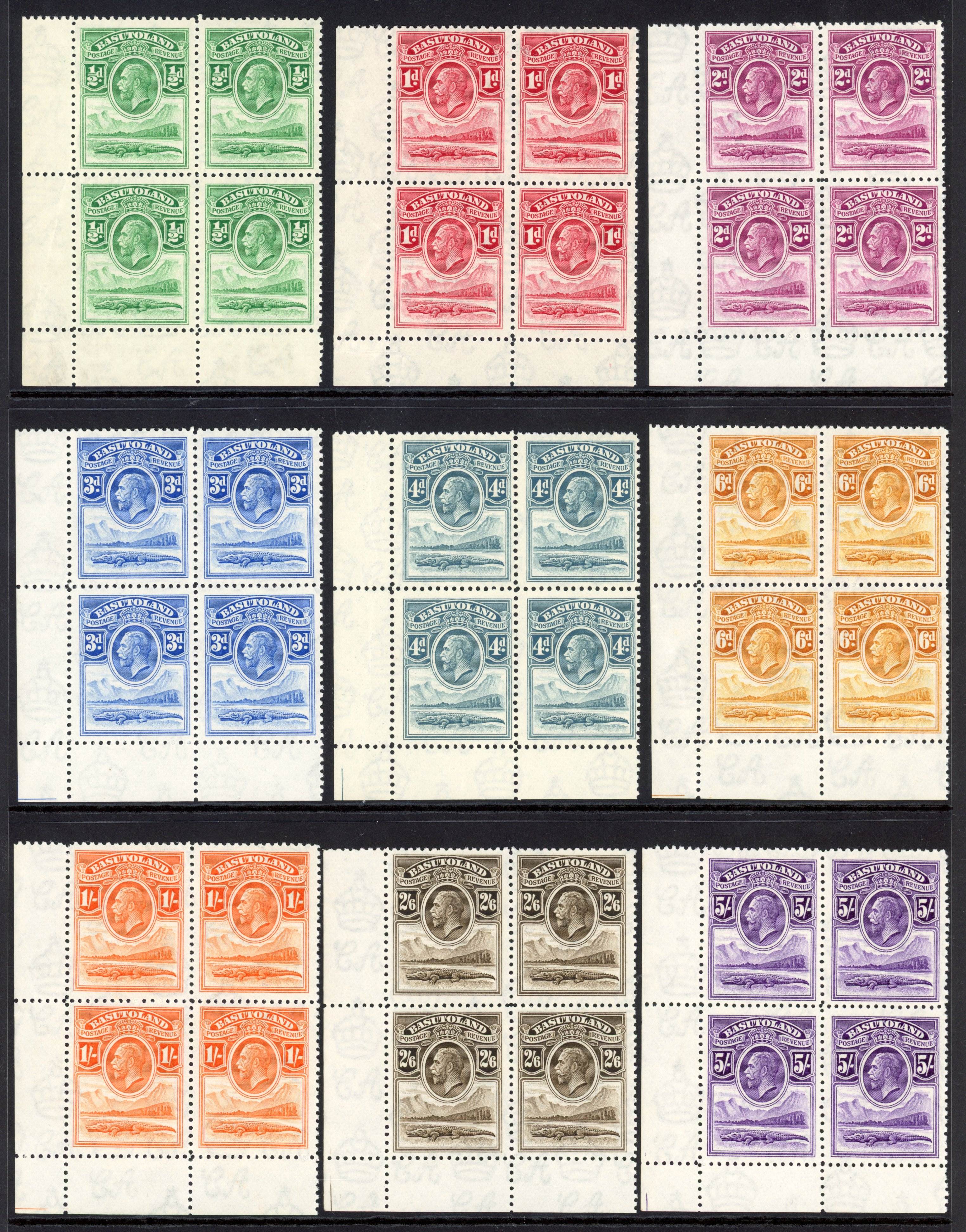 Basutoland SG 1/9 1933 short set of 9 to 5s corner blocks of 4