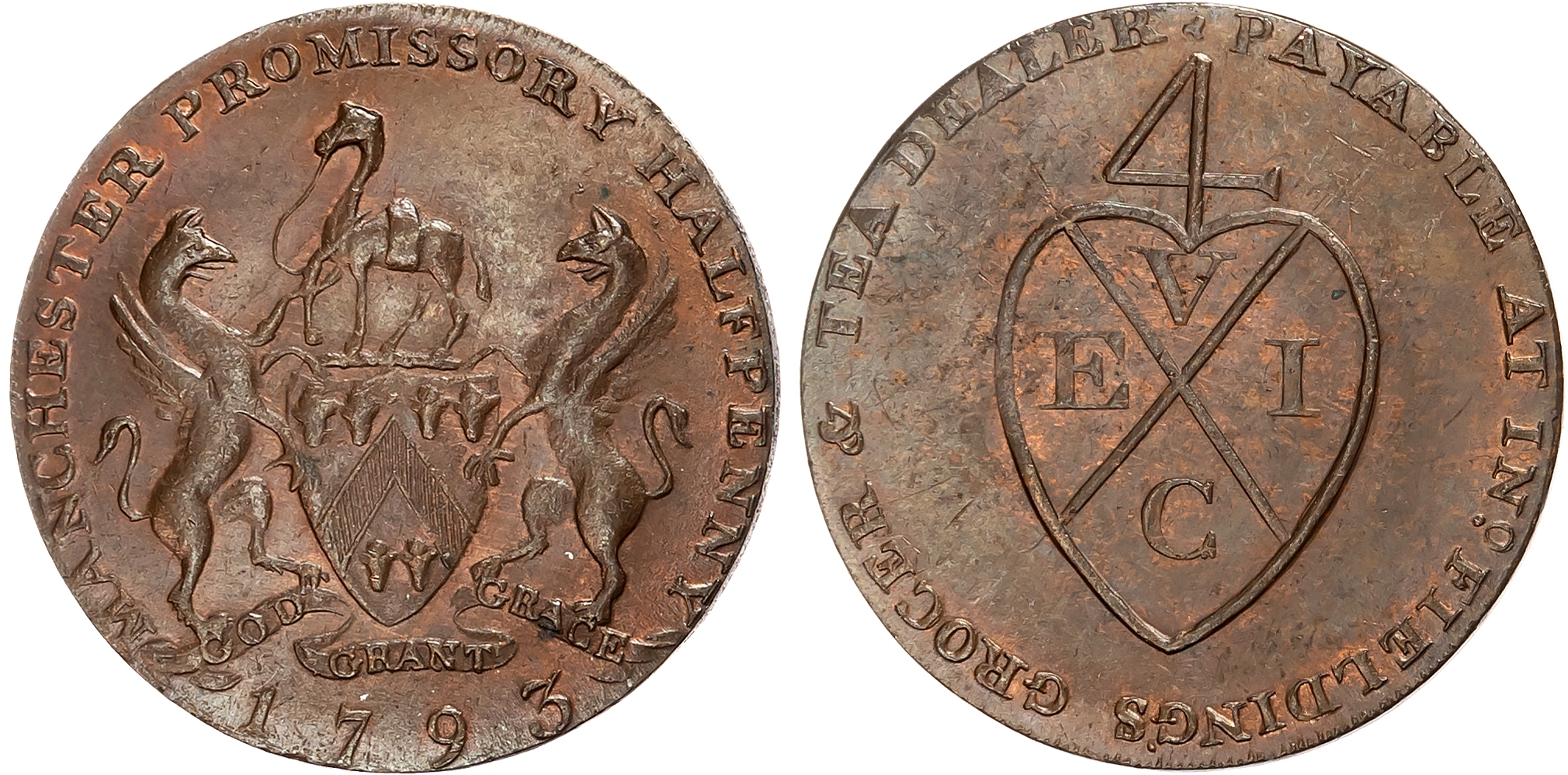 Lancs. Manchester , John Fielding Halfpenny 1792, Grocers’ Arms and supporters, rev. East India Co.’s bale mark, edge p …