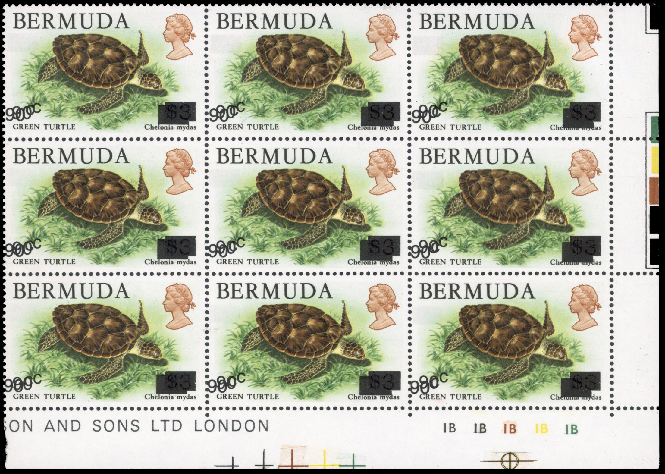 Bermuda SG 534a 1986 90c on $3 Green Turtle surcharge double Plate 1B block of 9 mint