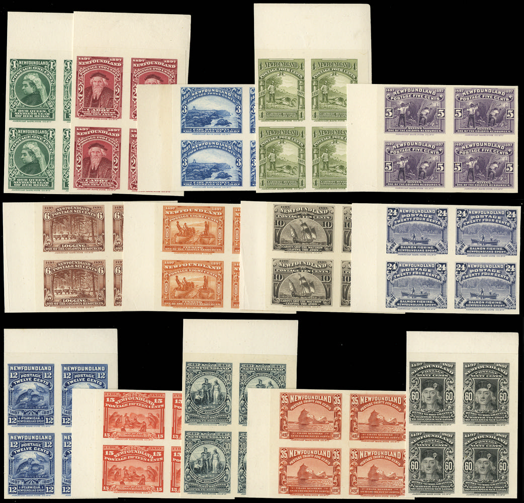NEWFOUNDLAND 1897 Proof Discovery of Newfoundland set of 14 imperforate plate proof in blocks of 4 SG 66/79 var