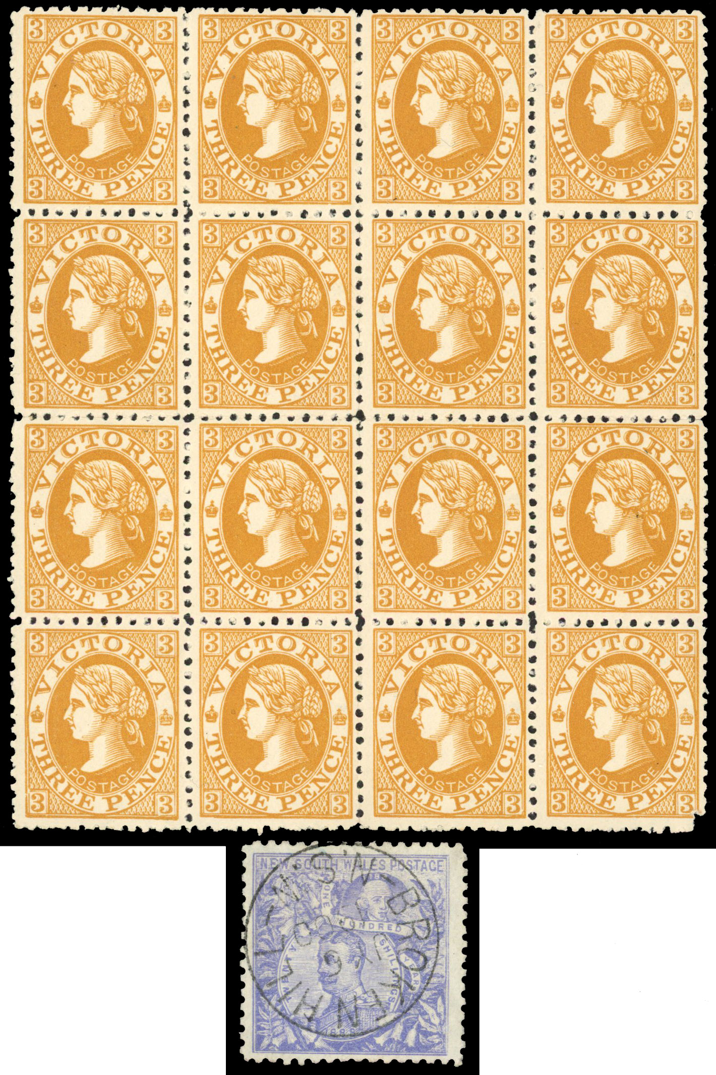 1912 3d ochre block of 16 (4x4), fresh appearance, most fine unmounted o.g. SG 437c plus NSW 1890 20s SG 264a