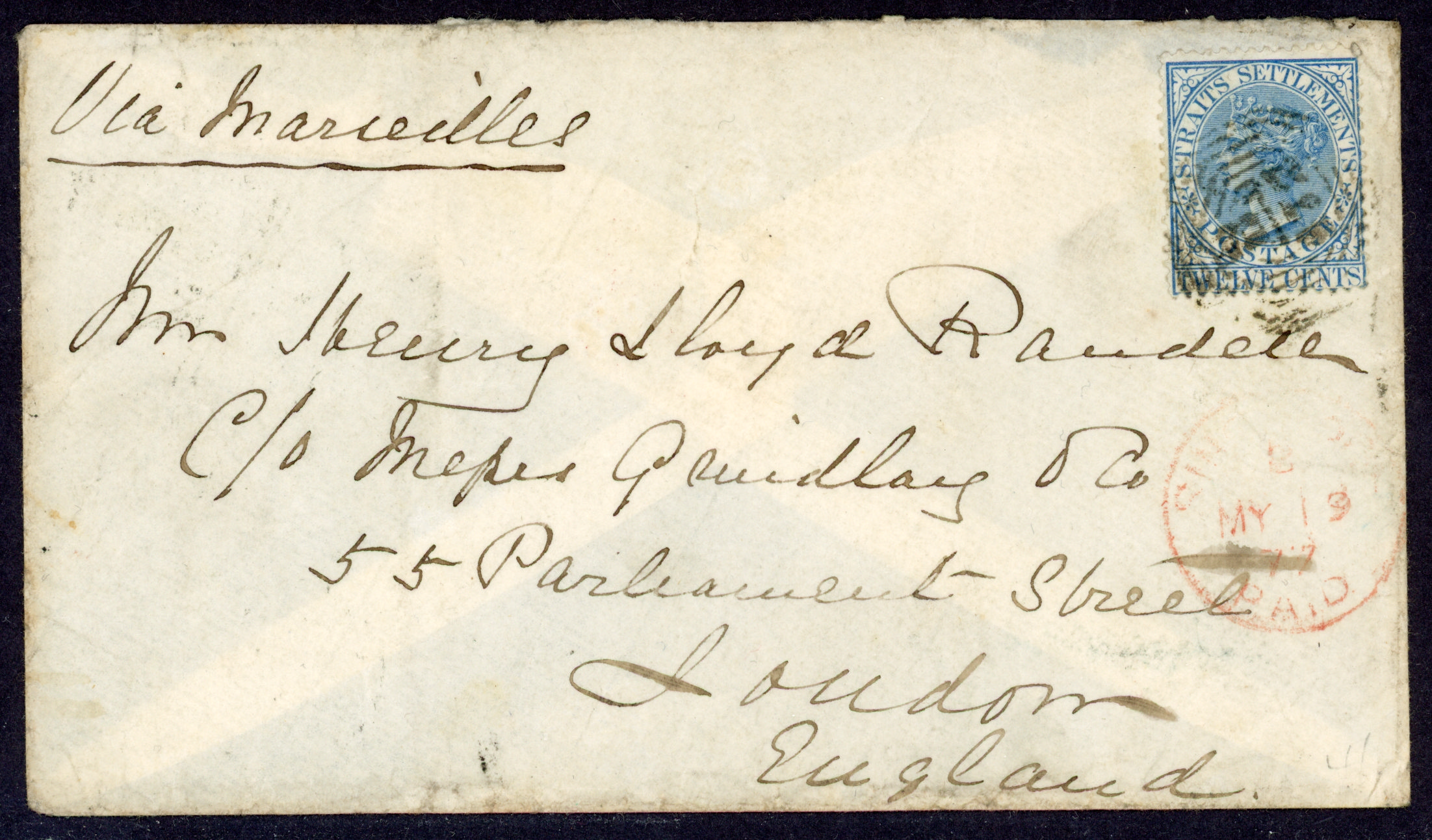 Straits Settlements SG 14, 15 1877 pair of covers to London via Brindisi and Marseilles