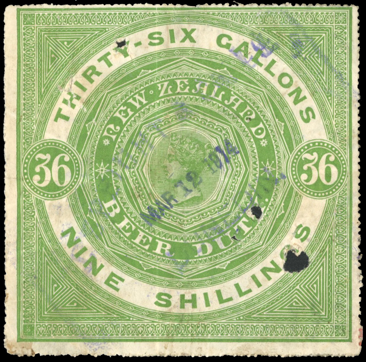 NEW ZEALAND 1912 Revenue Beer Duty perf 14 9s yellow-green, used Kiwi R37N