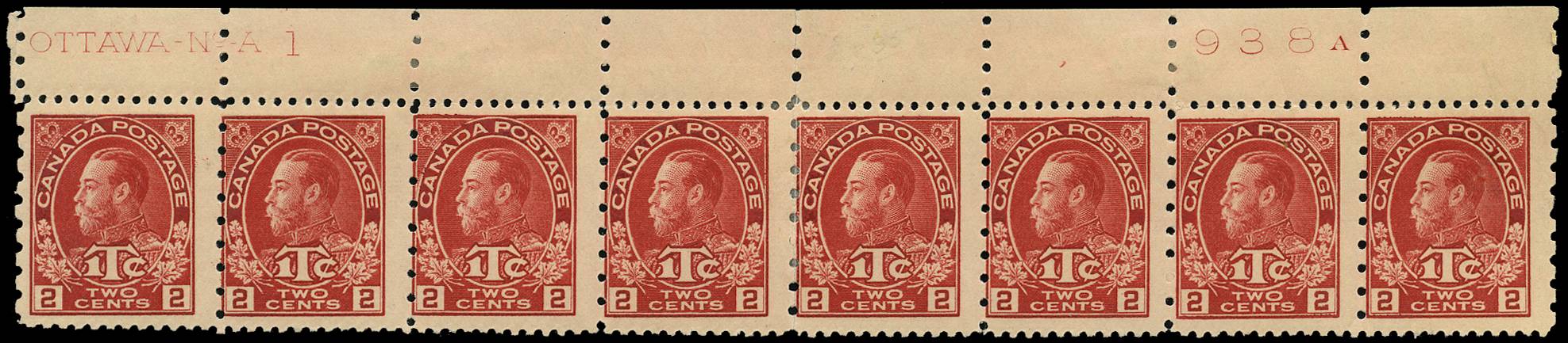 CANADA SG 235 1916 WAR TAX 2c + 1c CARMINE-RED UPPER MARGINAL STRIP OF 8 O.G.