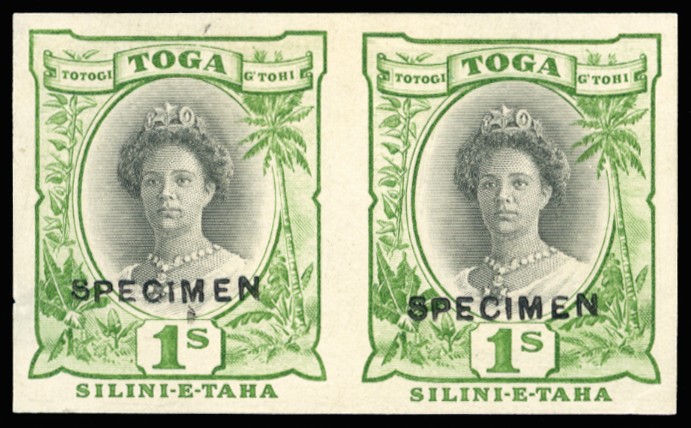 1922(c) Queen Salote 1s black and green, imperforate...