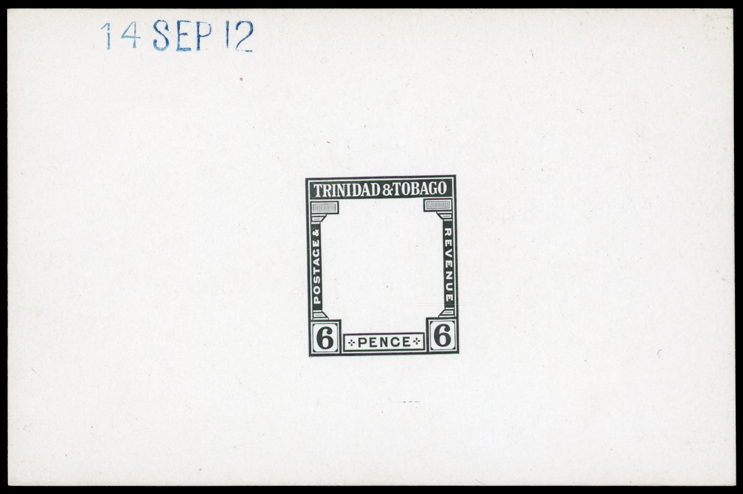 1912 De La Rue master die proof for the 6d frame and duty plate in black on glazed white card, dated “14 SEP 12” in blue.