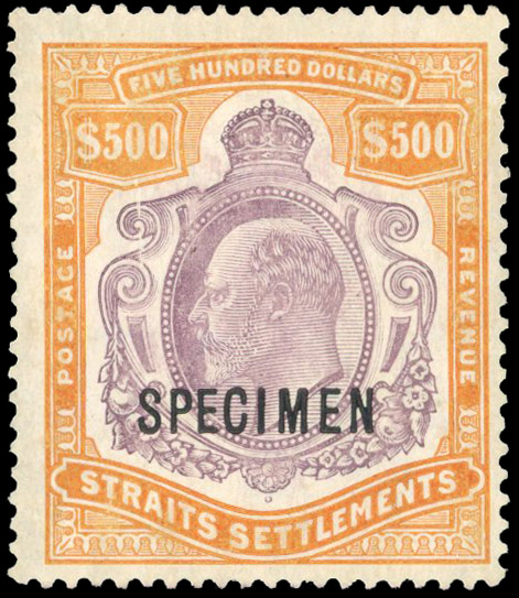 Straits Settlements 1906-12 $500 purple and orange opt SPECIMEN