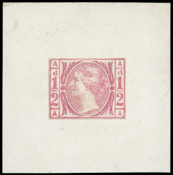 1879 Tender Essay. Very fine paste-up essay in pink for a ½d design lettered AA, produced using the portrait cut from an…