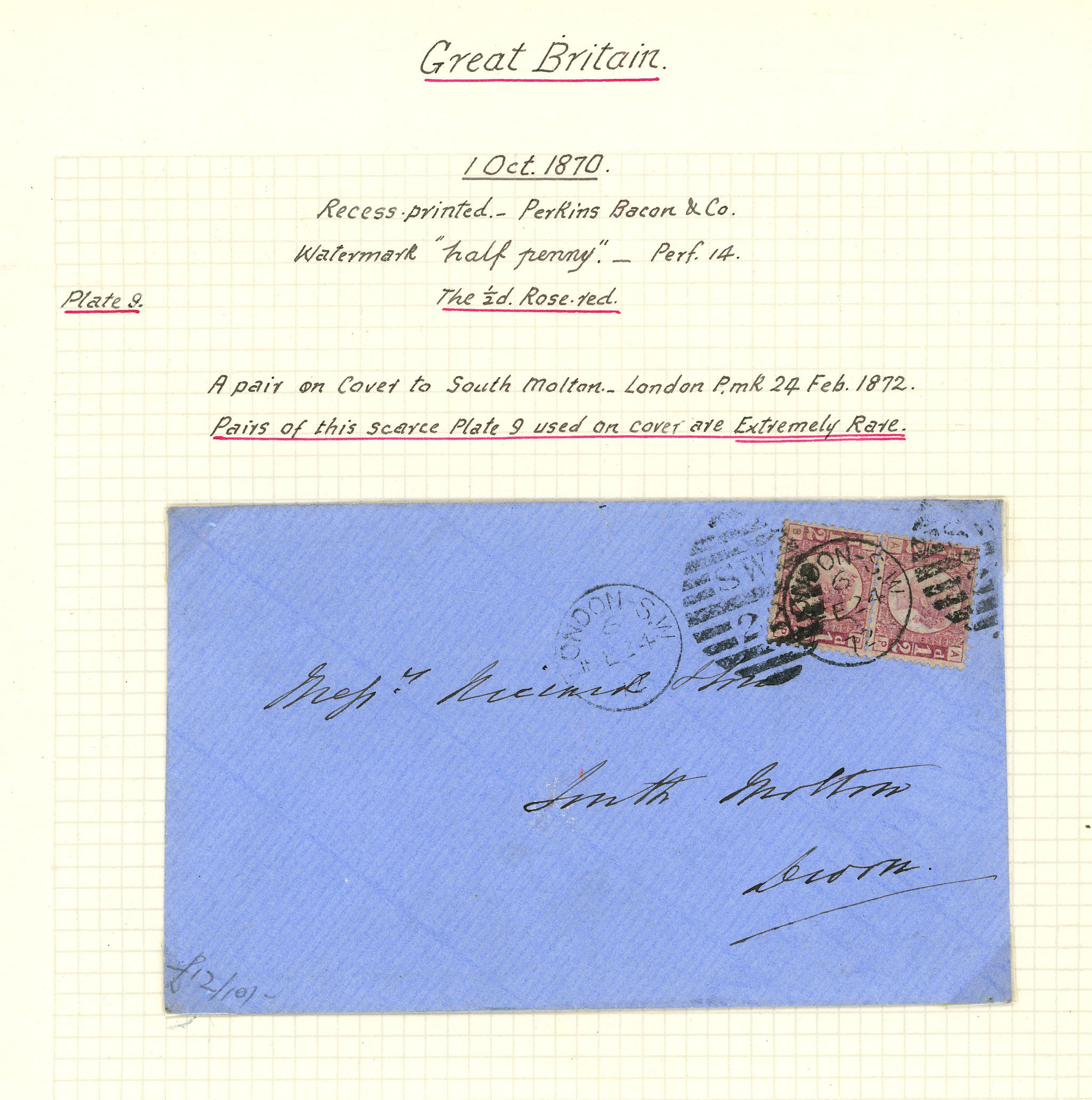 1872 cover from London to Devon, franked by vertical pair of ½d rose-red Plate 9...