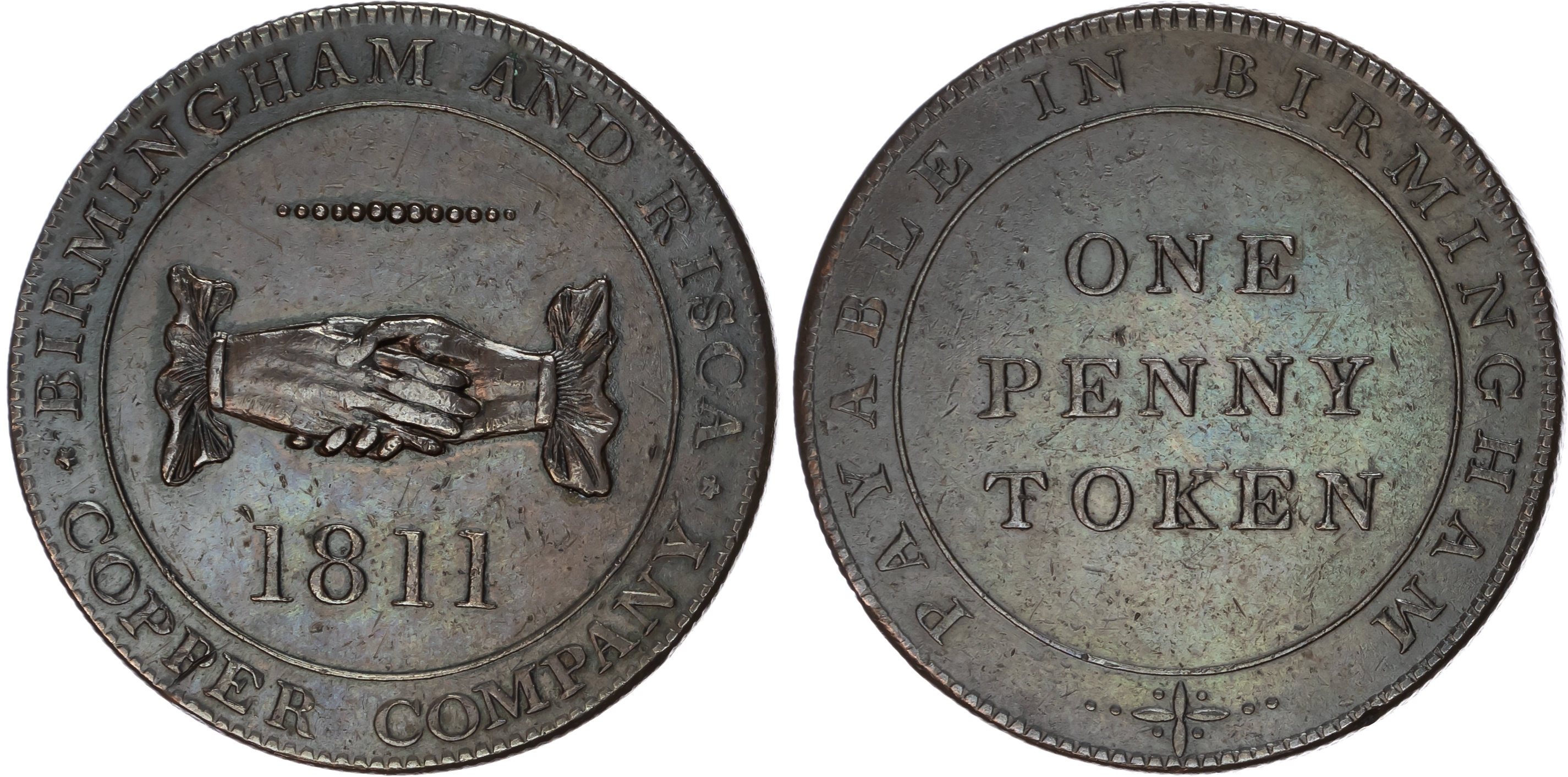 BIRMINGHAM & RISCA, Warks. & Mons. Union Copper Co penny 1811, Another but regular copper issue with level dat…