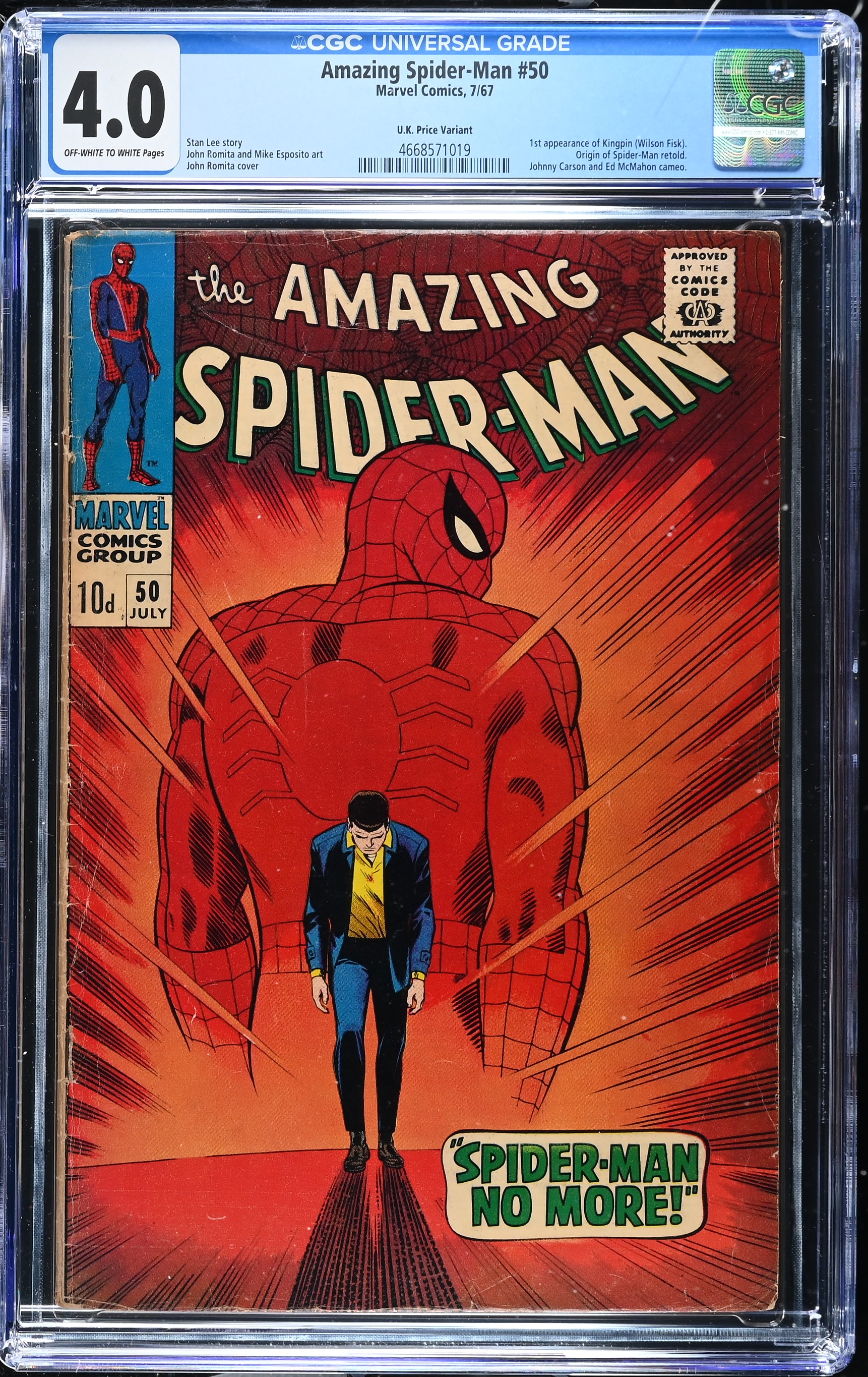 Amazing Spider-Man #50 CGC 4.0 1st Appearance of Kingpin UK Edition (Marvel Comics, 1967) Off-White to White Pages
