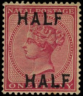1895 HALF on 1d rose with surcharge double with heavily toned gum, foxed spot at base on the reverse. BPA Certificate...