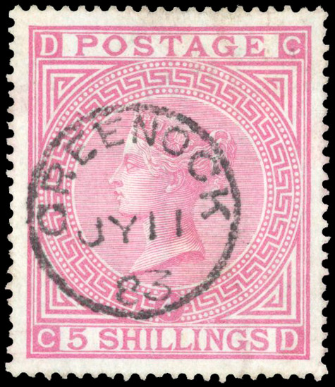 1867-83 Large Anchor, blued paper, 5s rose, plate 4 (CD), neatly cancelled